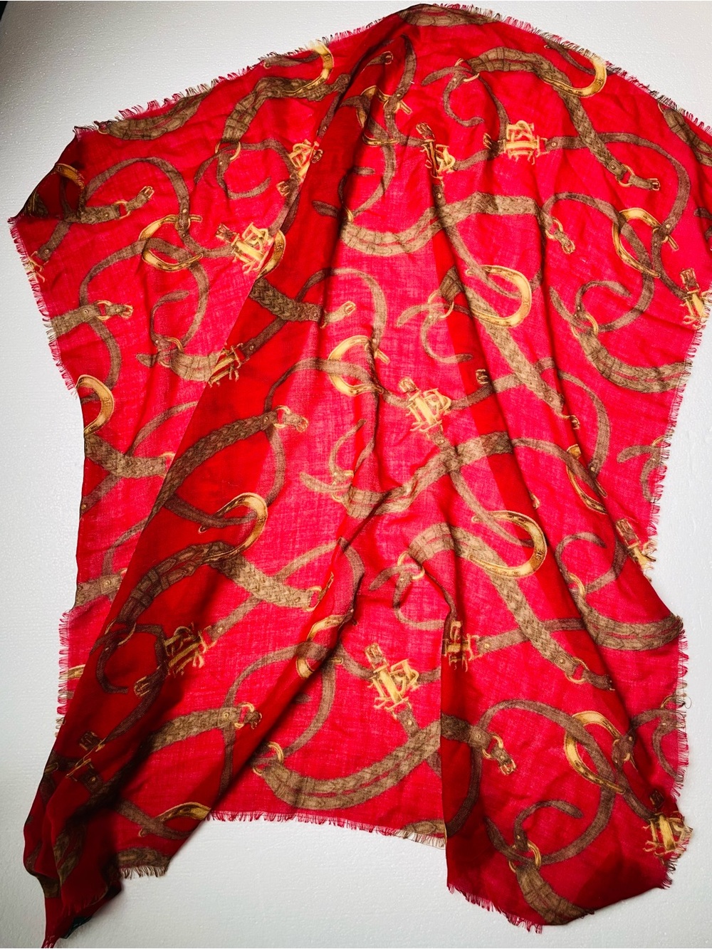 Lauren Ralph Lauren Red and Gold Patterned Wool Scarf